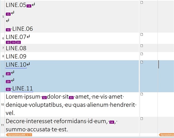Screenshot of Trados Studio displaying broken segments due to formatting tags in lines 5, 6, 10, and 11.