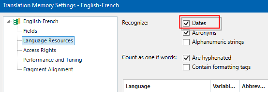 Screenshot of Trados Studio Translation Memory Settings for English-French with the 'Dates' checkbox under 'Recognize' section highlighted, indicating it is not ticked.