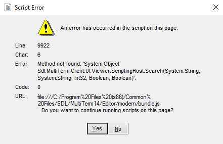 Script Error dialog box with a warning icon showing an error has occurred in the script on this page. It includes details about the line number, character, error description, and code file path. Options to continue running scripts are 'Yes' and 'No'.