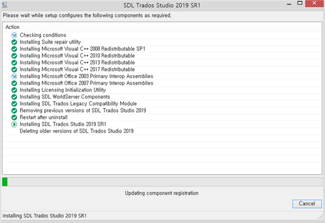 Screenshot of SDL Trados Studio 2019 SR1 installation process with a list of components being installed or updated.
