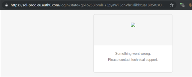 Screenshot of a Trados Studio login error in Chrome showing a message 'Something went wrong. Please contact technical support.' with a URL beginning with 'https:sdl-prod.eu.auth0.comlogin'.