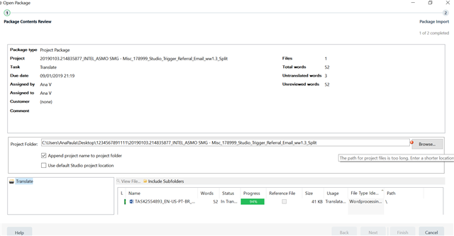 Error message in Trados Studio 2019 stating 'The path for project files is too long. Enter a shorter location' while trying to save a project.