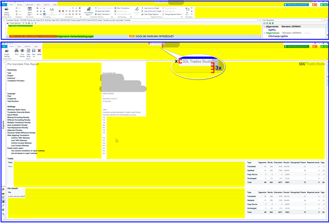 Screenshot of Trados Studio interface with highlighted header area showing project name 'SDL_Trados_Studio_ProjectName' with excessive empty space indicated as 3 times wider below it.