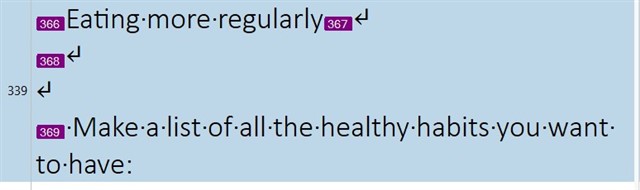 Trados Studio segment view showing text 'Eating more regularly' and 'Make a list of all the healthy habits you want to have:' with tag markers indicating potential tag-related issues.