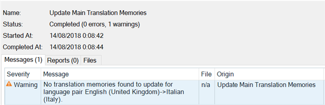 Warning message in Trados Studio update main translation memories stating no translation memories found for English (United Kingdom) to Italian (Italy) language pair.