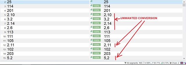 Screenshot of Trados Studio indicating unwanted conversion of decimal dots to commas in number localization.