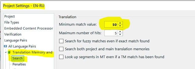 Trados Studio Project Settings window showing Translation Memory and Search section with Minimum match value set to 50 highlighted in yellow.