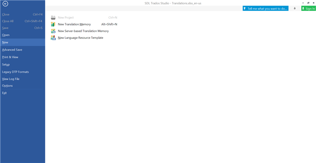 Screenshot of Trados Studio interface showing the 'File' menu expanded with options like 'New Project', 'New Translation Memory', and 'New Language Resource Template'. A 'Sign in' button is visible in the top right corner.