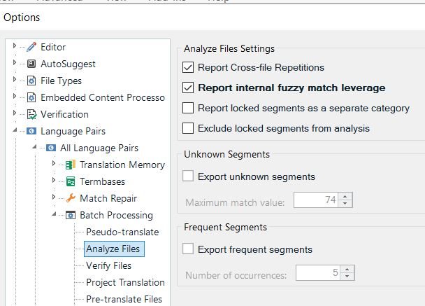 Screenshot of Trados Studio Options menu with Analyze Files Settings showing options for reporting cross-file repetitions and internal fuzzy match leverage checked.