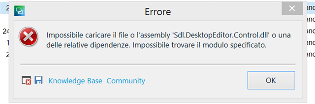 Error message stating 'Impossible to load the file or assembly 'Sdl.DesktopEditor.Control.dll' or one of its dependencies. The specified module could not be found.' with Knowledge Base and Community buttons.
