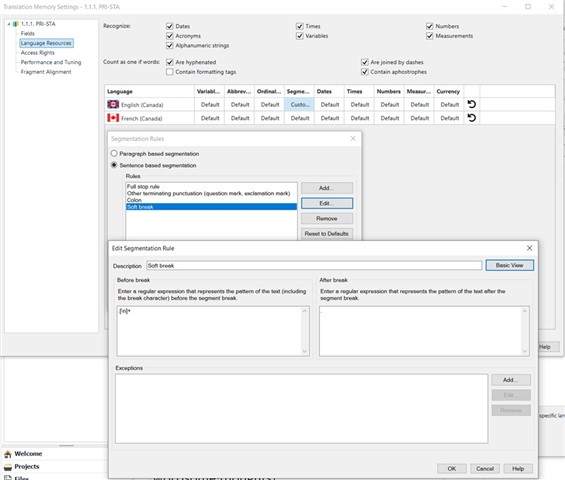 Trados Studio Edit Segmentation Rule window for 'Soft break' with a regular expression entered in the 'Before break' field.