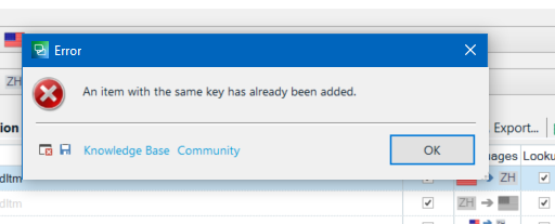 Error dialog box in SDL Trados Studio with message 'An item with the same key has already been added.' and an OK button.