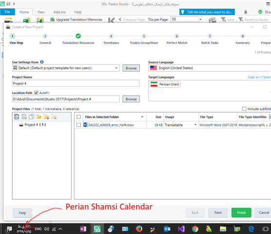 Trados Studio project creation window showing settings for source language English (United States) and target language Persian (Iran) with a DOCX file listed.