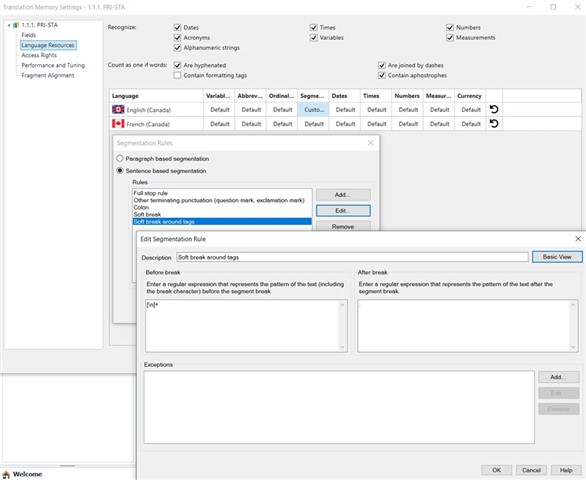 Trados Studio Translation Memory Settings window with the same settings as the first screenshot, indicating the issue persists after attempting to change the rule.