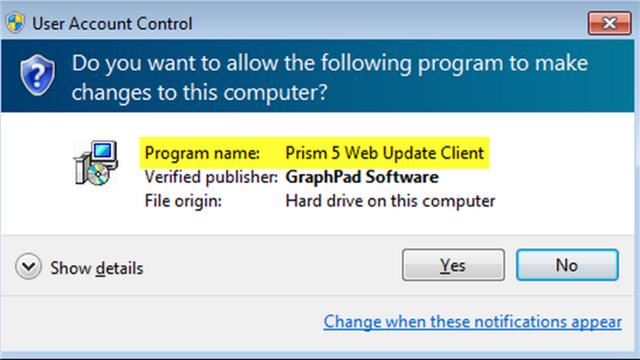 User Account Control pop-up asking for permission to allow changes to the computer for Program name: Prism 5 Web Update Client, Verified publisher: GraphPad Software.