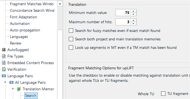 Trados Studio Translation Memory settings with 'Minimum match value' set to 75 and 'Maximum number of hits' set to 3.