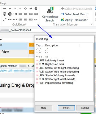 Screenshot showing the QuickInsert icon on the Trados Studio ribbon with a dropdown list of QuickInsert items including tags for left-to-right mark, right-to-left mark, and others.