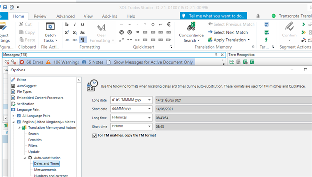 Trados Studio date and time settings window with formats specified, yet a warning message indicates a date format issue.