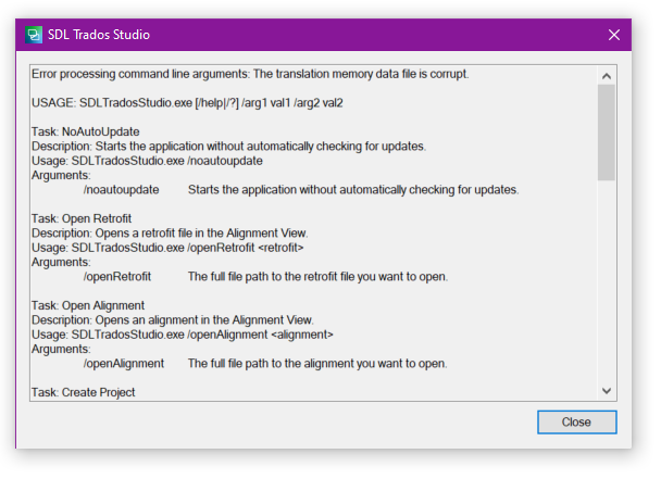 SDL Trados Studio error dialog box showing 'Error processing command line arguments: The translation memory data file is corrupt.' with a list of tasks and their descriptions below.