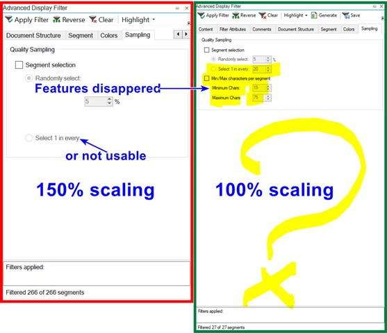 Trados Studio Advanced Display Filter showing features disappeared or not usable at 150% scaling, compared to 100% scaling with a question mark.