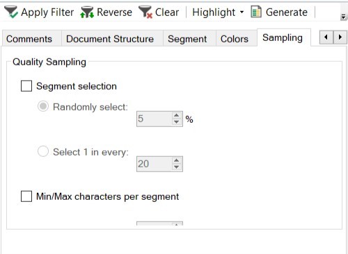 Screenshot of Trados Studio's Sampling Pane showing the Quality Sampling section with options for segment selection. The MinMax characters per segment fields are cut off and not fully visible.