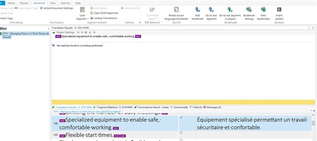 Screenshot of Trados Studio interface showing a translation project with the 'Auto-Insert Tags' option greyed out and unavailable. A warning message 'Specialized equipment to enable safe, comfortable working' is highlighted in the source text pane.
