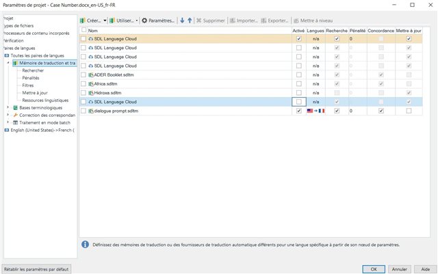 Trados Studio project settings window showing language pairs and translation memory settings. A warning icon is visible next to SDL Language Cloud indicating an issue.