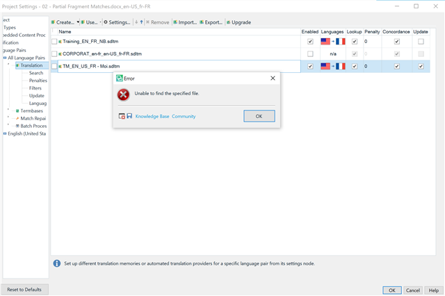 Trados Studio project settings window showing an error message 'Unable to find the specified file' with an orange warning sign next to two listed translation memories.