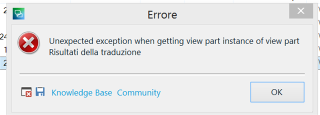 Error message stating 'Unexpected exception when getting view part instance of view part Translation results' with Knowledge Base and Community buttons.