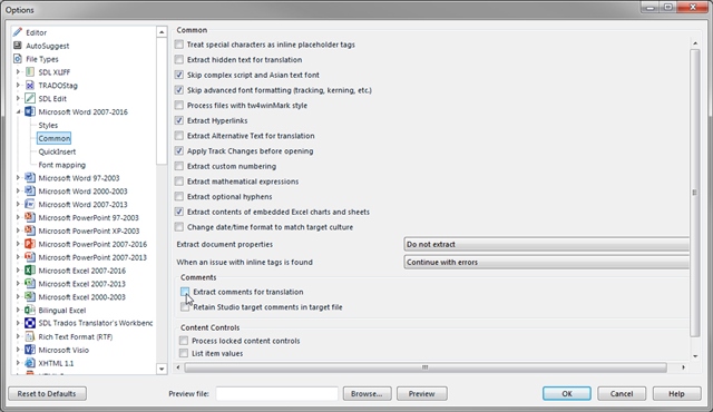 Trados Studio 'Options' window with 'File Types' tab selected, showing 'Microsoft Word 2007-2016' settings and 'Extract comments for translation' option checked.