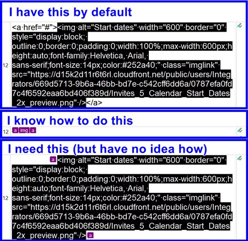 Screenshot of Trados Studio interface showing XLIFF file content with a default setting where tags are presented as plain text, including an 'img alt' tag.