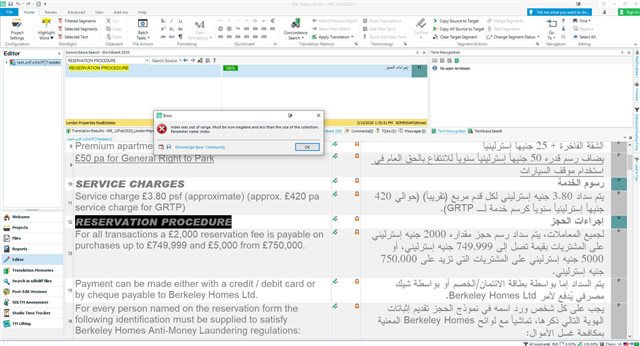 Screenshot of Trados Studio software with multiple windows open, including an error message window stating 'Index was out of range' and other details related to the error.