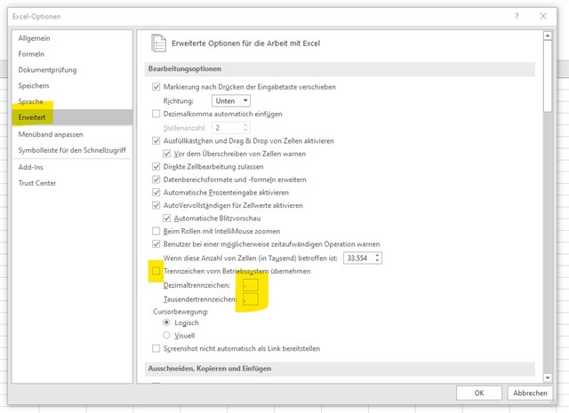 Screenshot of Excel options with 'Advanced options for working with Excel' highlighted, showing settings for decimal and thousands separators.
