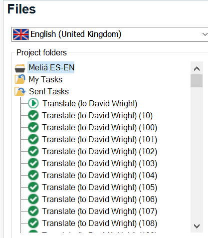 Trados Studio screenshot showing the 'Sent Tasks' folder with a list of 'Translate (to David Wright)' tasks numbered 10, 100 to 108, each with a green checkmark icon.