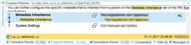 Trados Studio screenshot showing the Fragment Matches window with two results for 'Metadata-Inheritance' and 'System Settings'. No visible errors or warnings.