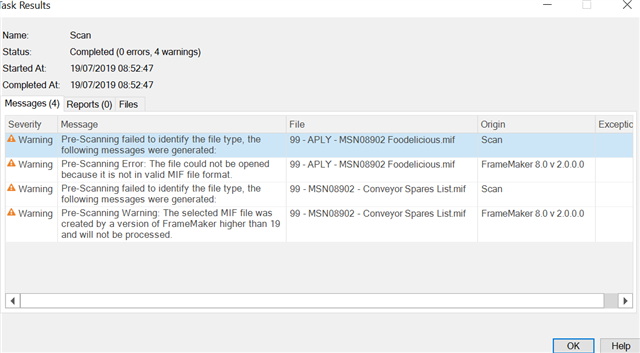 Trados Studio task results window showing 0 errors and 4 warnings related to pre-scanning and file format issues with MIF files.