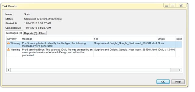 Trados Studio Task Results window showing 0 errors, 2 warnings. Warnings about pre-scanning failure and unsupported Adobe InDesign version for .idml file.