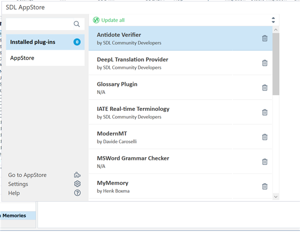 Screenshot of SDL AppStore showing installed plug-ins list including Antidote Verifier, DeepL Translation Provider, Glossary Plugin, IATE Real-time Terminology, ModernMT, MSWord Grammar Checker, and MyMemory.