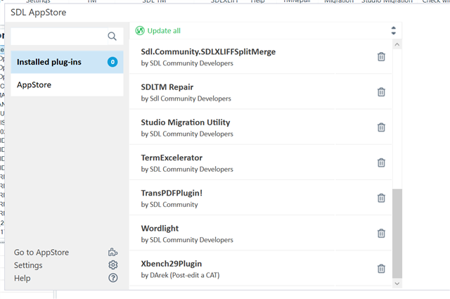 Screenshot of SDL AppStore with installed plug-ins list showing Sdl.Community.SDLXLIFFSplitMerge, SDLTM Repair, Studio Migration Utility, TermExcelerator, TransPDFPlugin!, Wordlight, and Xbench29Plugin.