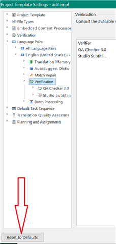 Trados Studio Project Template Settings window showing a list of expandable options. The 'Verification' section is expanded revealing 'QA Checker 3.0' under 'English (United States)' language pair. A red arrow points to 'Reset to Defaults' button.