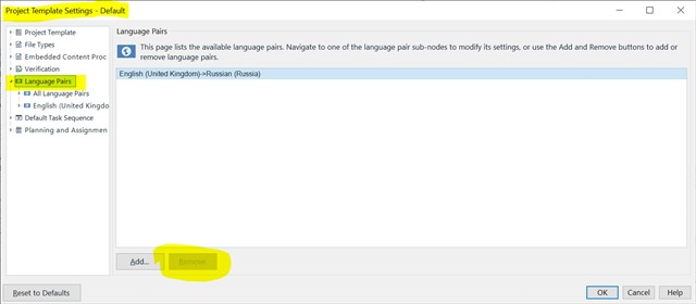 Trados Studio Project Template Settings window showing Language Pairs section with English (United Kingdom)-Russian (Russia) selected and an 'Add...' button highlighted.