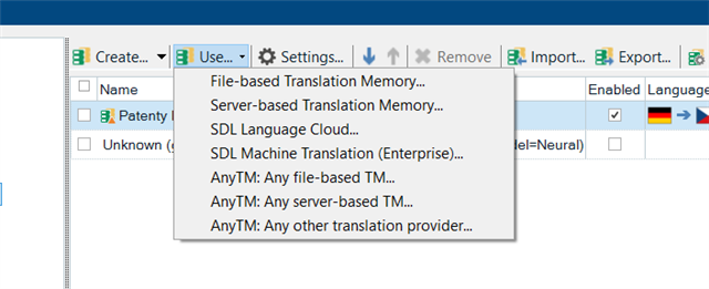 Trados Studio 2021 Translation Memory settings dropdown menu, missing Google Translate option.