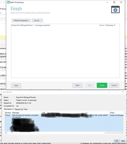 Screenshot of Trados Studio's Batch Processing window with a Finish tab showing 'Export for Bilingual Review' in progress and a message 'Please wait while the selected tasks are being performed.' No error window is visible.