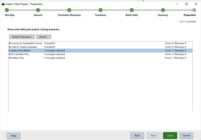 Trados Studio project preparation screen showing tasks with 'Convert to Translatable Format' and 'Copy to Target Languages' completed, 'Pre-translate Files' and 'Analyze Files' with 1 message reported each, and no errors or warnings.