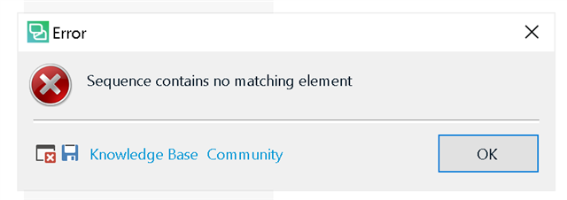 Error dialog box in Trados Studio with a red cross icon, displaying the message 'Sequence contains no matching element' with options for Knowledge Base and Community, and an OK button.
