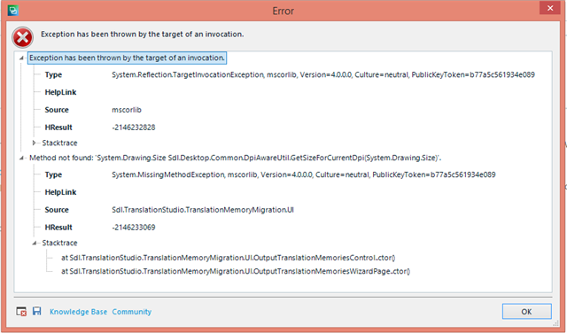 Error message in Trados Studio showing 'Exception has been thrown by the target of an invocation' with details about missing method in mscorlib.dll and issues in TranslationMemoryMigrationUI.