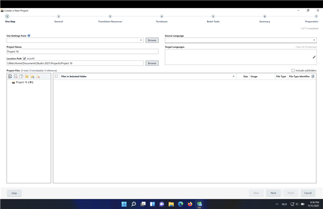 Screenshot of Trados Studio's 'Create a New Project' window, showing fields for Project Name, Location, Source Language, and Target Languages with no errors displayed.