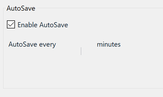 Trados Studio 2019 AutoSave settings window with missing input field for setting AutoSave duration, showing only 'AutoSave every' label followed by blank space and 'minutes'.