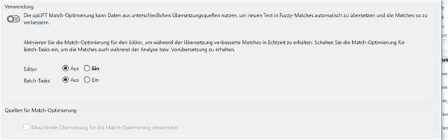 Trados Studio screenshot showing an error message about UPFIT Match-Optimierung with options for Editor and Batch-Tasks toggled on.