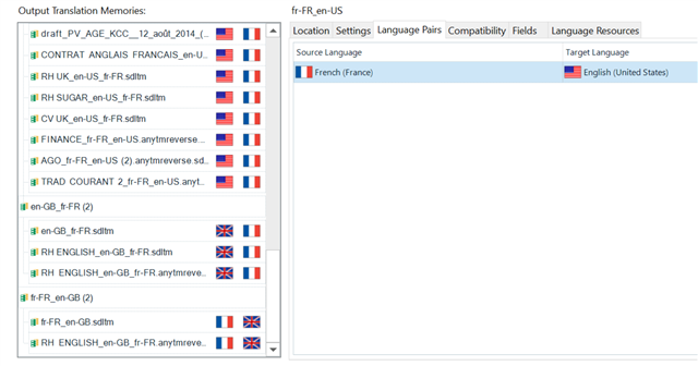 Screenshot of Trados Studio showing Output Translation Memories with a list of merged TMs, only displaying one TM for French to English (United States) with flags indicating language pairs.